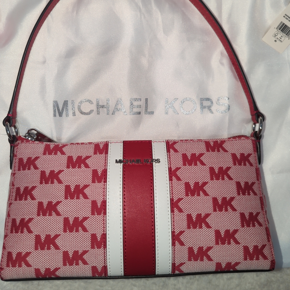 Michael Kors Pink and White Shoulder Bag Logo Jacquard Silver Hardware NWT